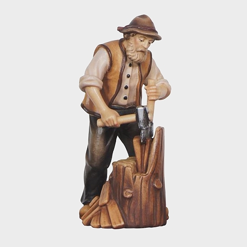Detailansicht der holzgeschnitzten Kostner Krippenfigur Schindelspalter Nummer 23 aus Bergahorn handbemalt