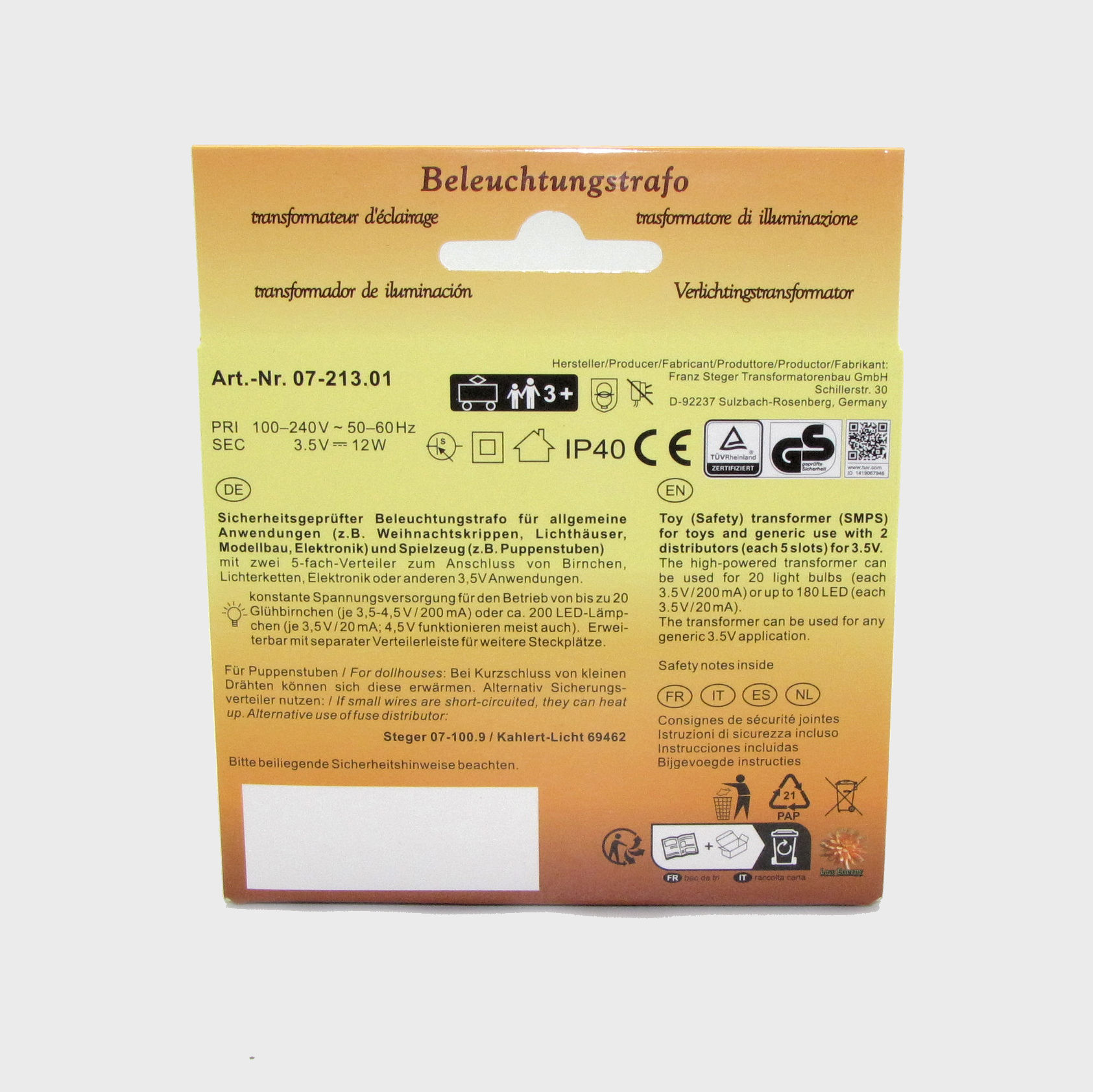 Ruhelichttrafo Steger für bis zu 20 Lämpchen 3,5-4,5 Volt und LED Lämpchen 3,5V, Krippentrafo