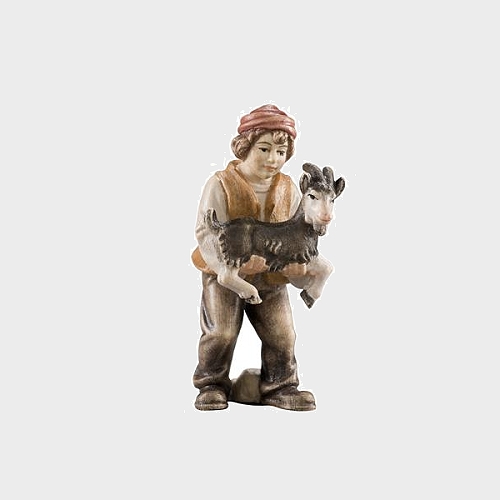 Advent 016 Krippenfigur aus Eschenholz Bub mit Ziege im Arm