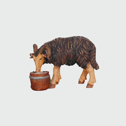 Kostner Krippenfigur Widder mit Eimer schwarz Nummer 118s, holzgeschnitzt und bemalt