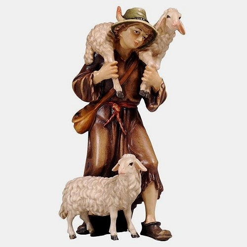 Kostner Krippenfigur Hirt mit 2 Schafen Nummer 46, holzgeschnitzt und bemalt