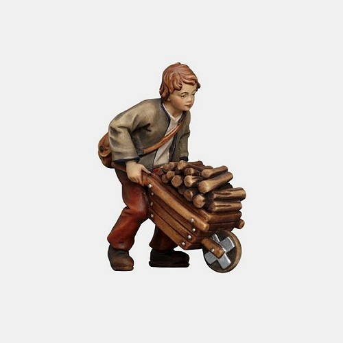 Kostner Krippenfigur Bub mit Holzkarren Nummer 86, holzgeschnitzt und bemalt