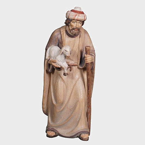 Advent 025 Krippenfigur aus Eschenholz Hirte mit Stock und Lamm im Arm