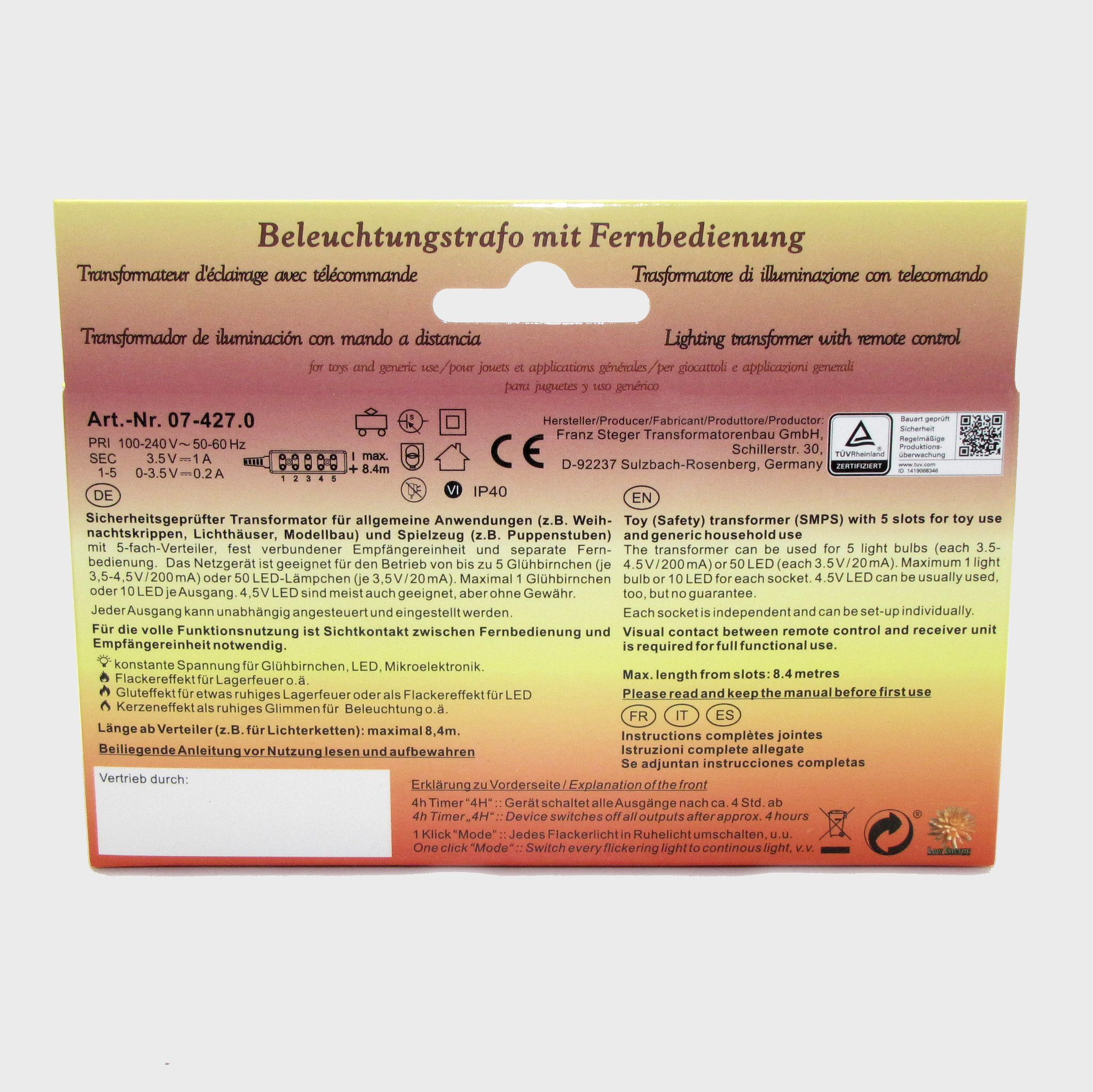 Flackerlicht-/ Ruhelichttrafo Steger für bis zu 5 Lämpchen 3,5-4,5 Volt mit Fernbedienung, Krippentrafo
