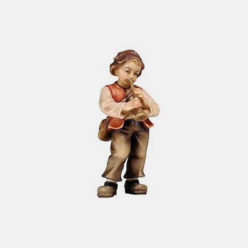 Kostner Krippenfigur Bub mit Trompete Nummer 72, holzgeschnitzt und bemalt
