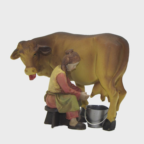 Krippenfigur Bäuerin mit Kuh beim Melken