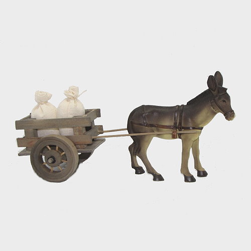 Krippenfigur Esel mit Karren beladen