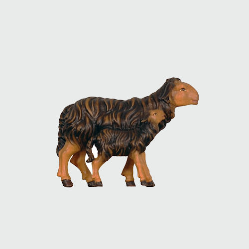 Kostner Krippenfigur Nummer 279s Krippenfigur Schaf schwarz mit Lamm stehend, holzgeschnitzt und bemalt