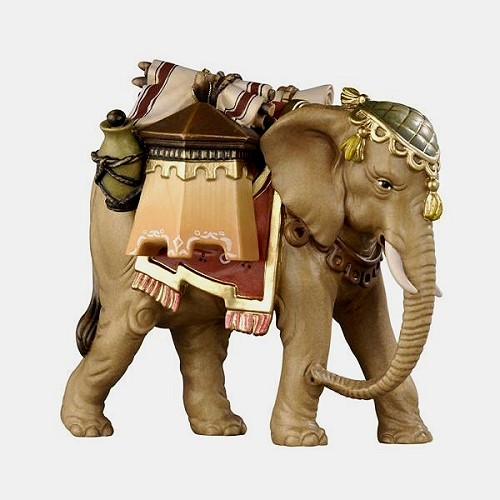 Kostner Krippenfigur Elefant mit Gepäck Nummer 180, holzgeschnitzt und bemalt