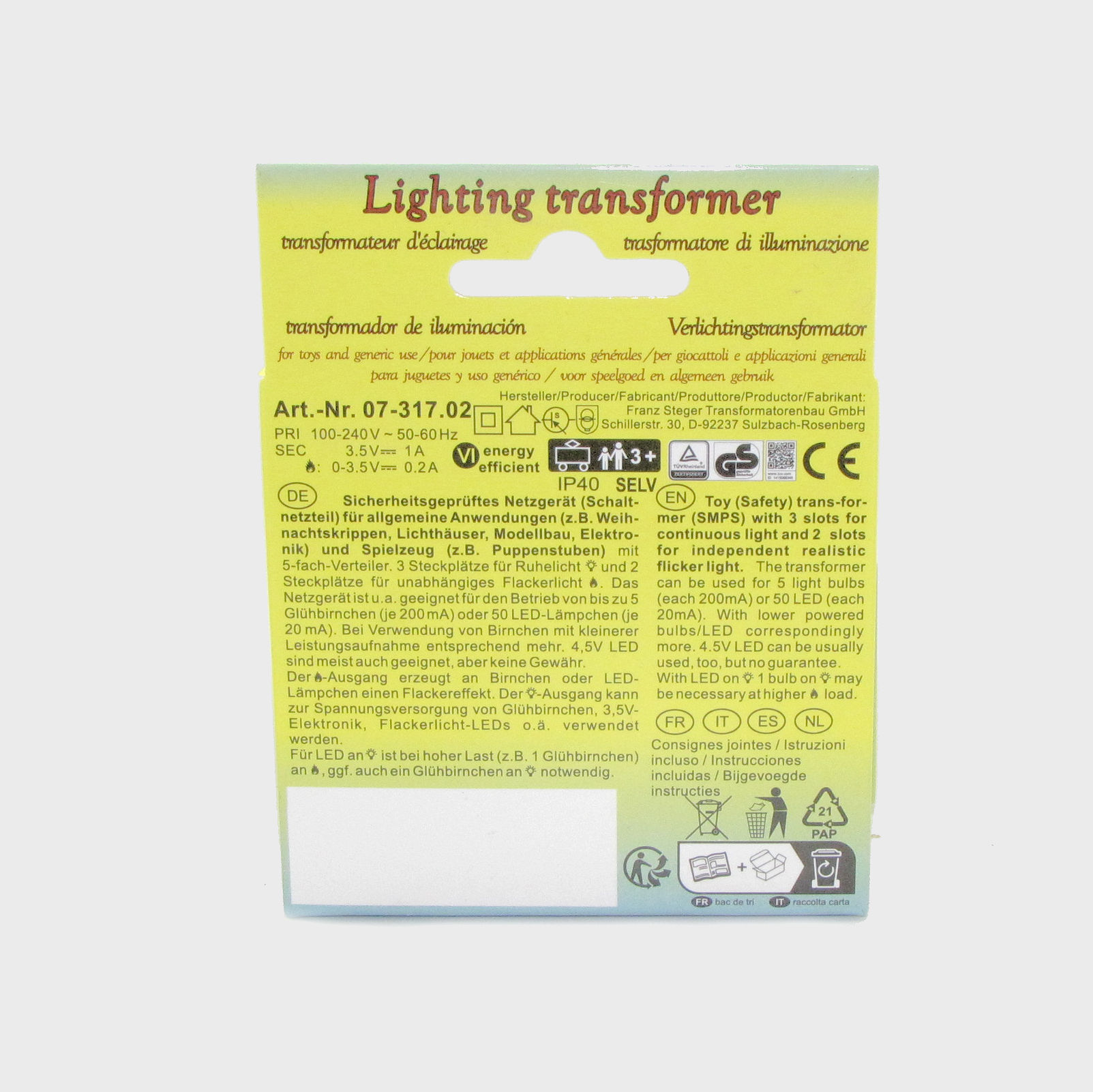 Flackerlicht-/ Ruhelichttrafo Steger für bis zu 5 Lämpchen 3,5 Volt und LED Lämpchen, Krippentrafo