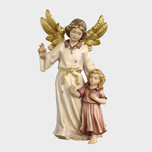 Kostner Krippenfigur Schutzengel mit Mädchen Nummer 70, holzgeschnitzt und bemalt