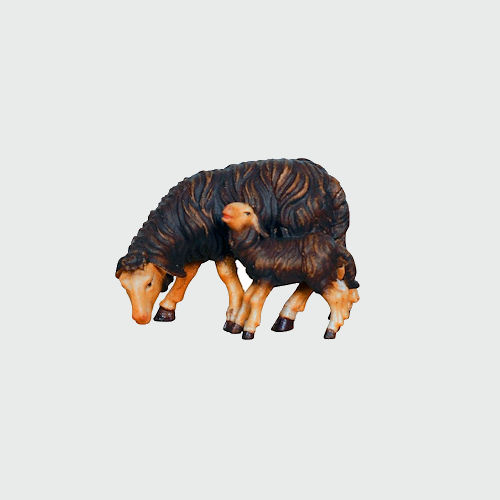 Kostner Krippenfigur Nummer 274s Krippenfigur Schaf schwarz äsend mit Lamm, holzgeschnitzt und bemalt