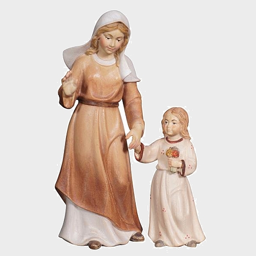 Advent 021 Krippenfigur aus Eschenholz Hirtin mit Mädchen