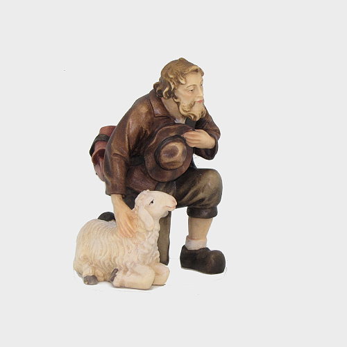 Kostner Krippenfigur Hirt kniend mit Schaf Nummer 38, holzgeschnitzt und bemalt