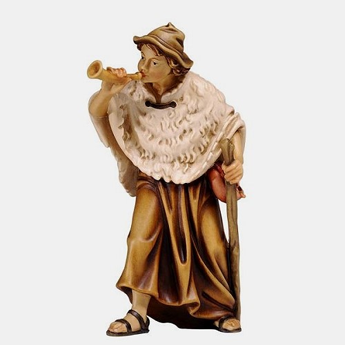 Kostner Krippenfigur Hirt mit Horn Nummer 78, holzgeschnitzt und bemalt