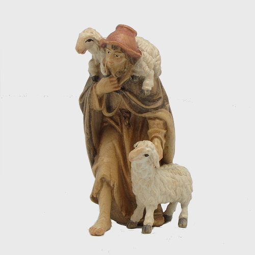 Krippenfigur Zirbel 032 Hirt mit 2 Schafe