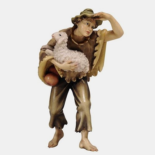 Kostner Krippenfigur Junge mit Schaf im Arm Nummer 54, holzgeschnitzt und bemalt