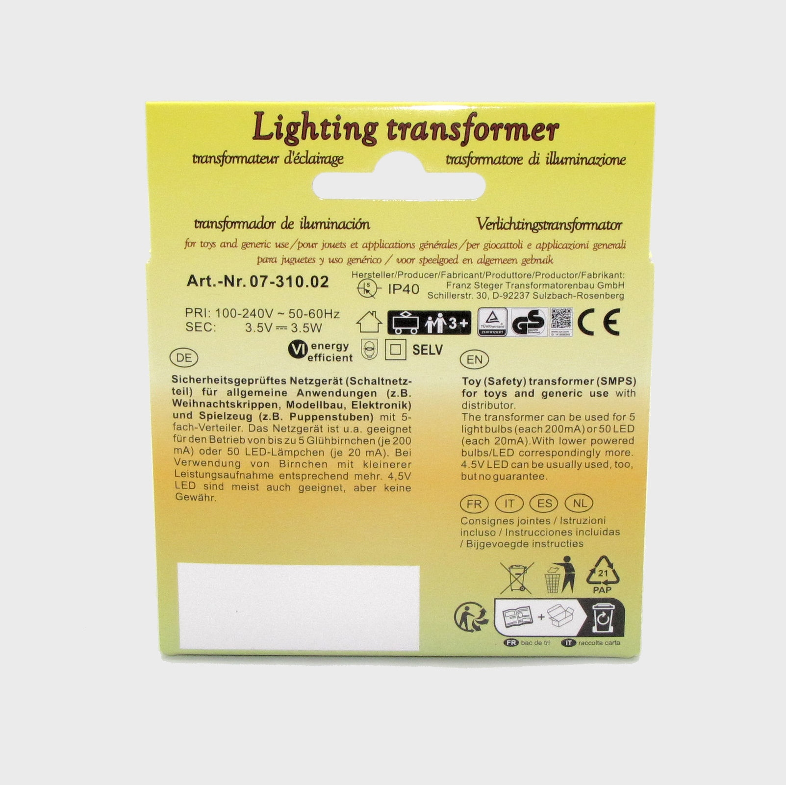 Ruhelichttrafo Steger für bis zu 5 Lämpchen 3,5 Volt und LED Lämpchen, Krippentrafo