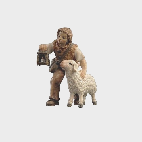 Krippenfigur Zirbel 015 Hirtenbub mit Schaf und Laterne