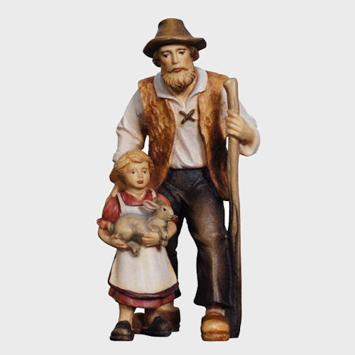 Kostner Krippenfigur Hirt mit Mädchen und Hase Nummer 48, holzgeschnitzt und bemalt